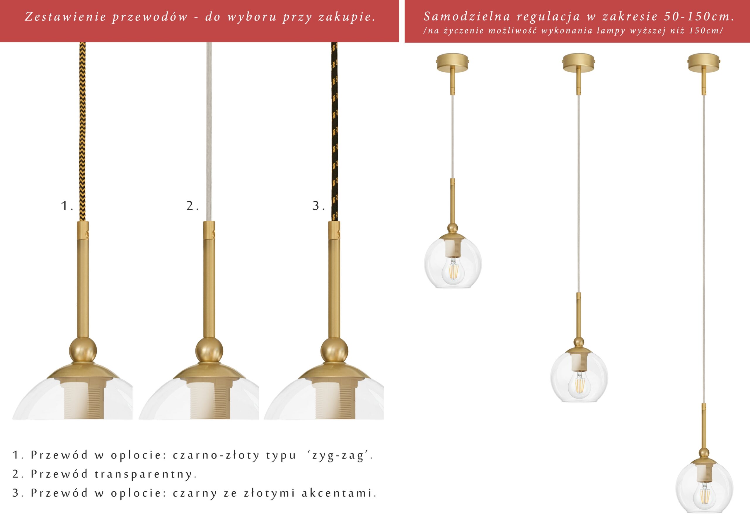 Złota wysoka lampa wisząca na przewodzie KLT-S1G - obrazek 2