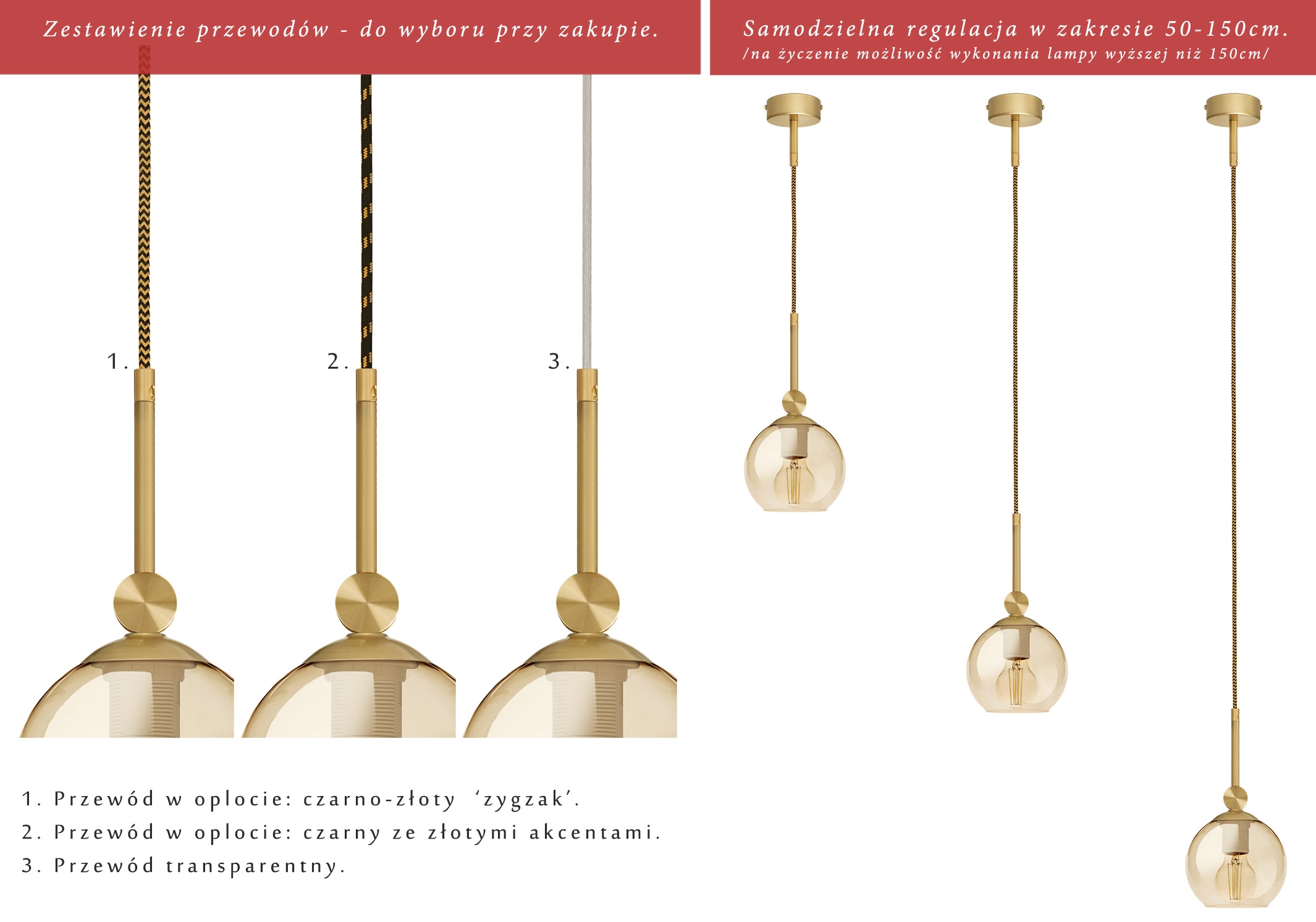Wysoka złota lampa na przewodzie w oplocie GB-S1G - obrazek 2
