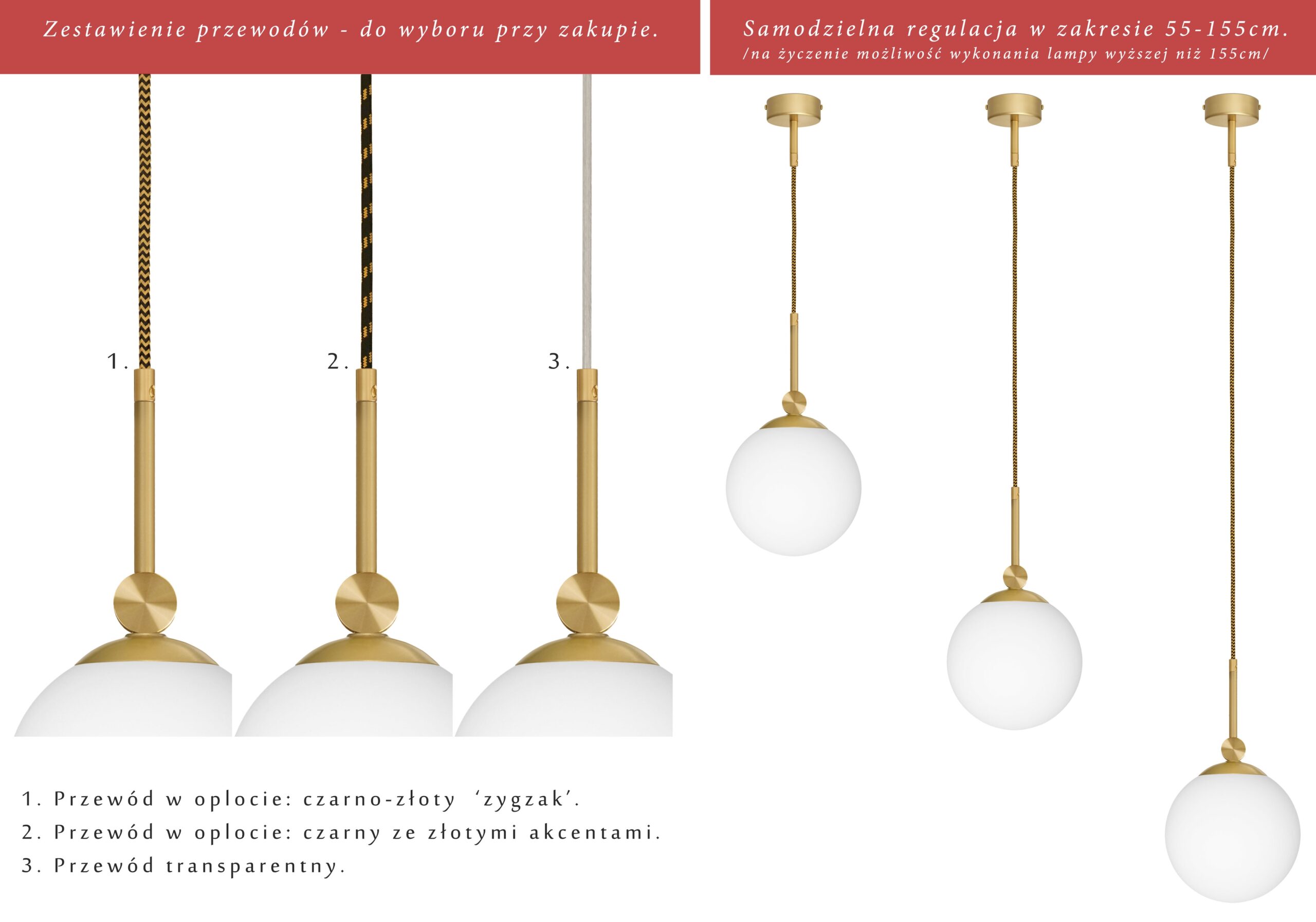 Złota lampa na przewodzie z białą dużą kulą GP-S1GD - obrazek 2