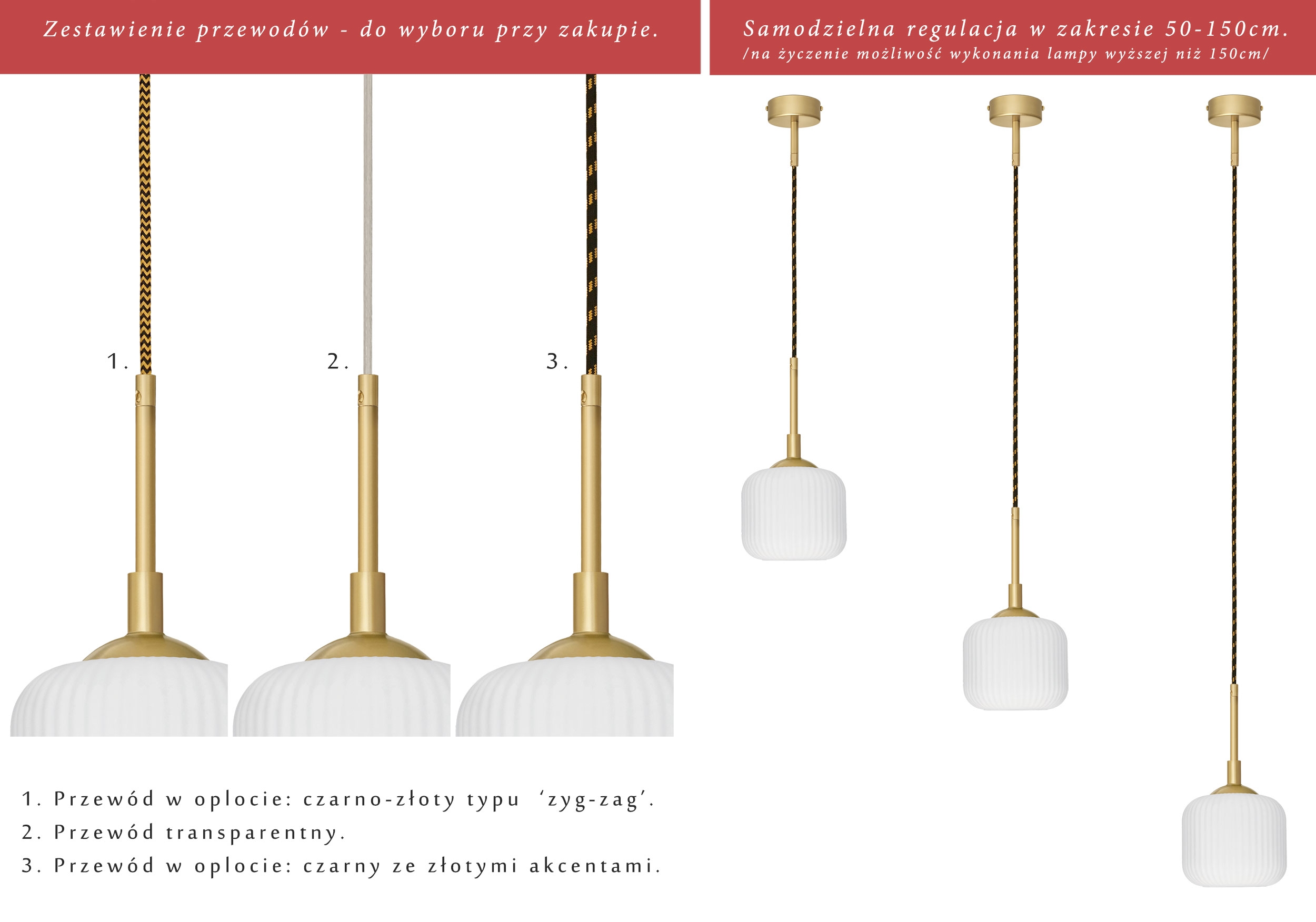 Mosiężna lampa wisząca na przewodzie z ryflowanym kloszem ER-S1G-15 - obrazek 2